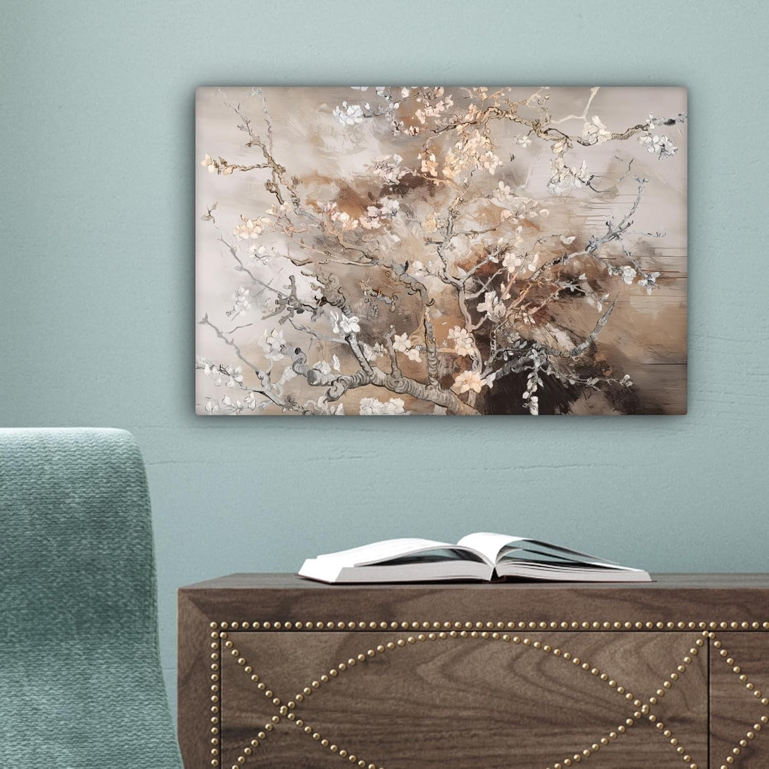 Almond Blossom Canvas Wall Art 30x20cm Beige Floral Decor