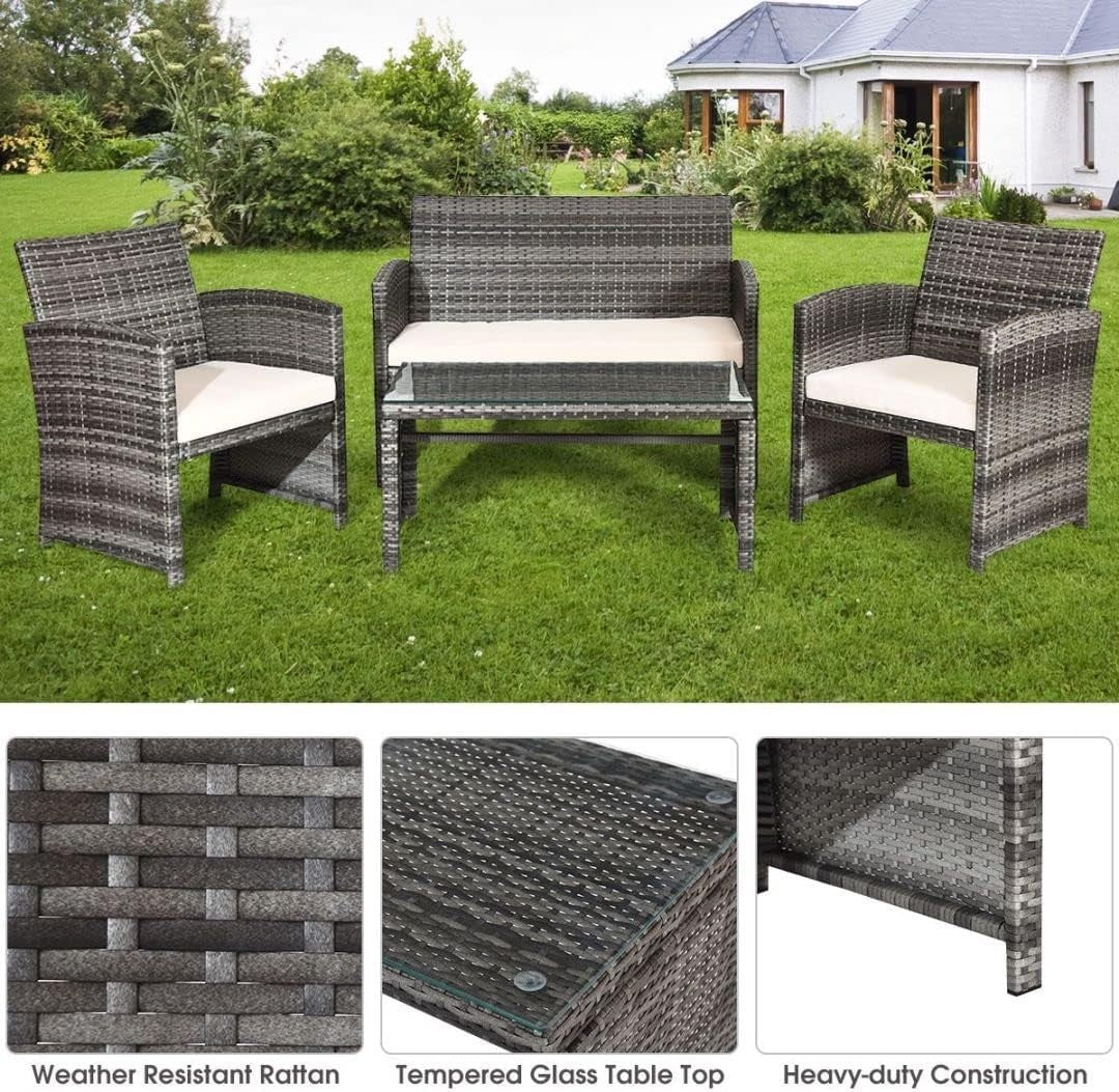 4 Seater Outdoor Rattan Sofa Set with Glass Table Patio Garden Conversation
