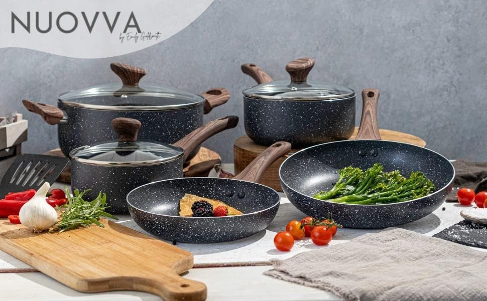 8pcs Marble Non Stick Cookware Set with Lids – Induction & Gas Safe Pots