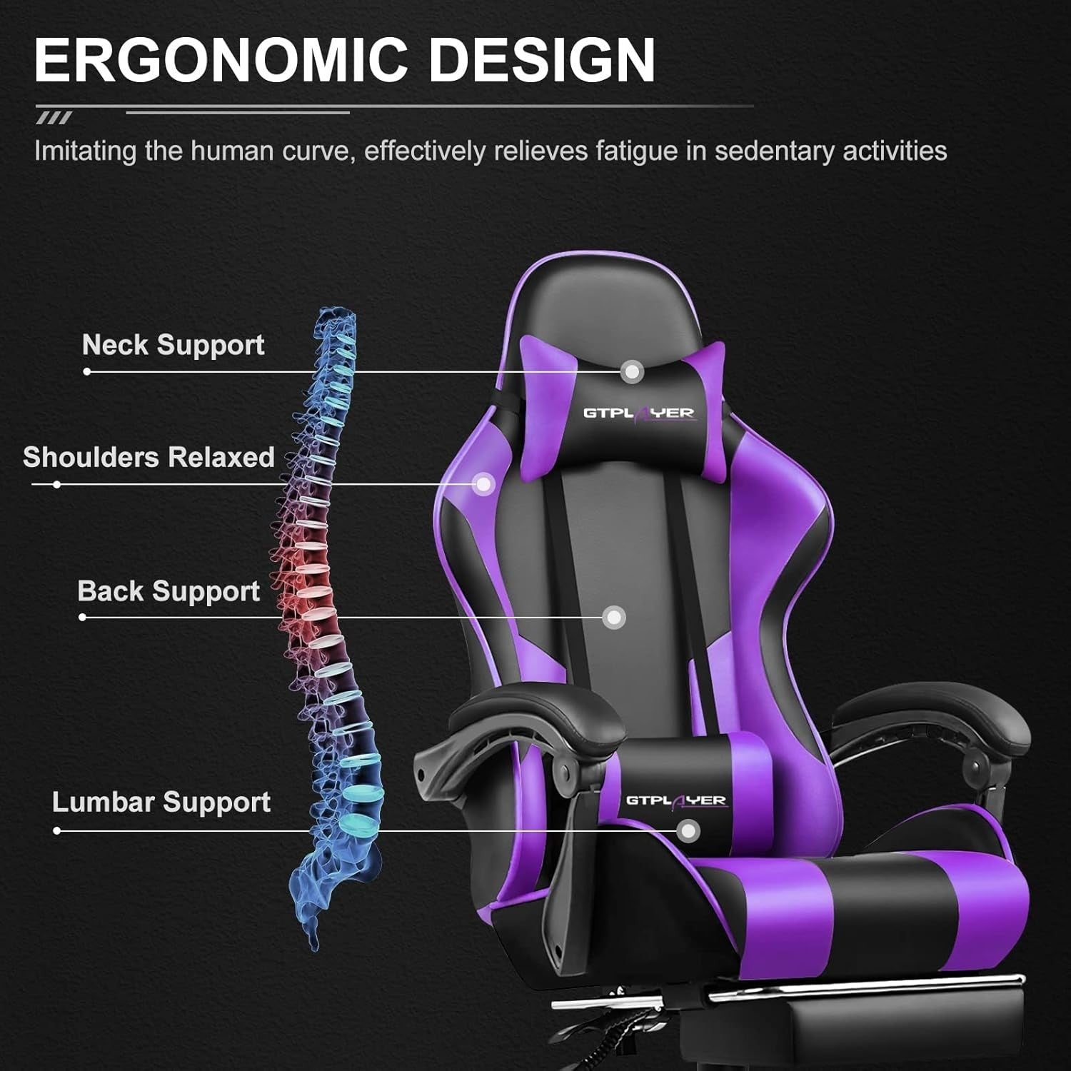 Gaming Chair Ergonomic Purple Reclining Racing Style Footrest Massage Lumbar Sup