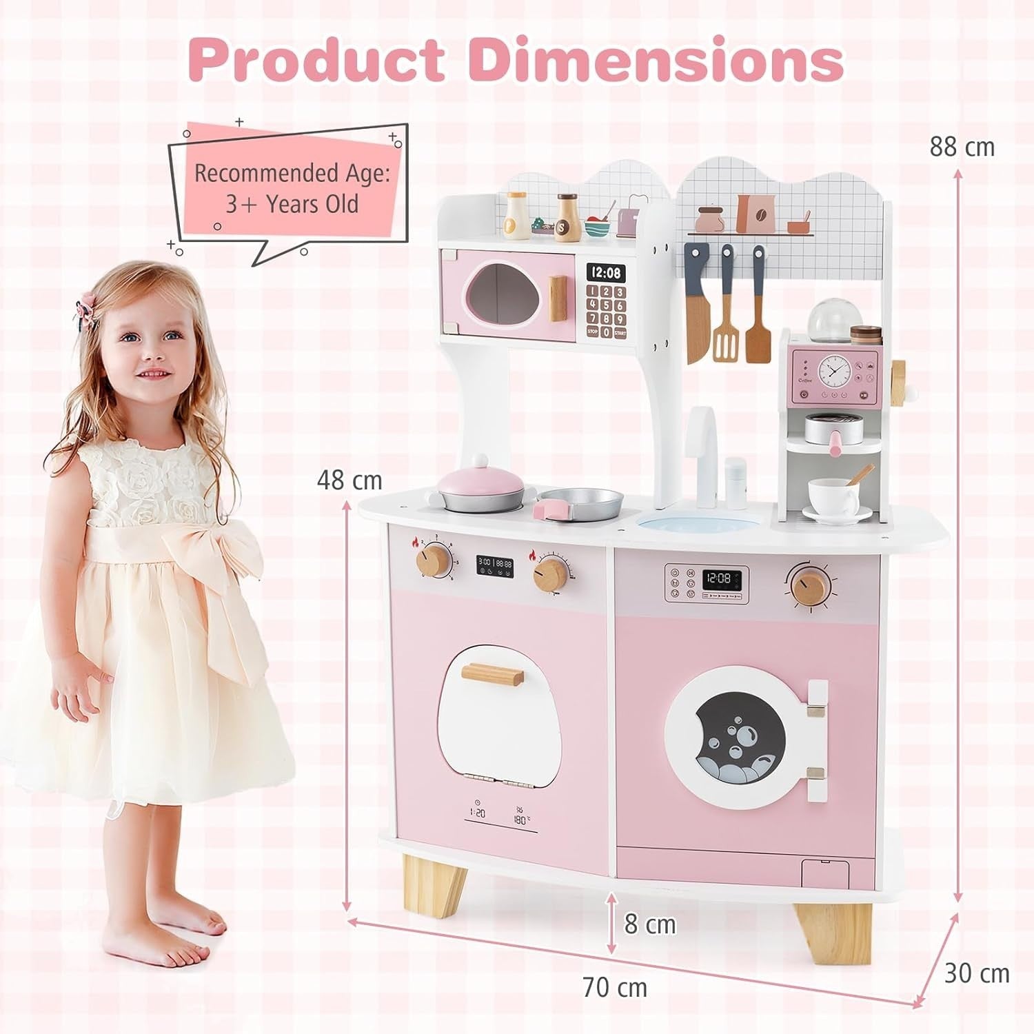 Kids Wooden Play Kitchen w/ Coffee Maker Microwave Pink Toy