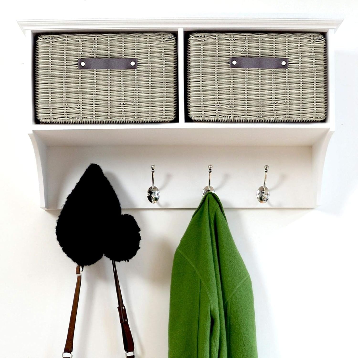 White Wall Mounted Coat Rack with Grey Baskets Hallway Storage Shelf Hooks