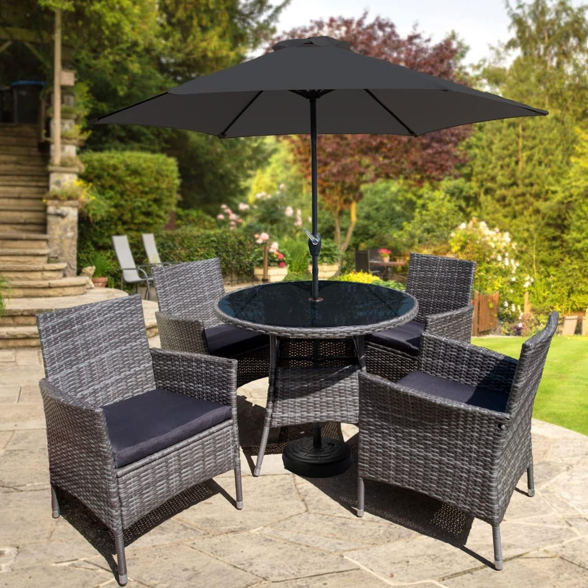 4 Seater Rattan Garden Dining Set Outdoor Patio Table Chairs Parasol Base
