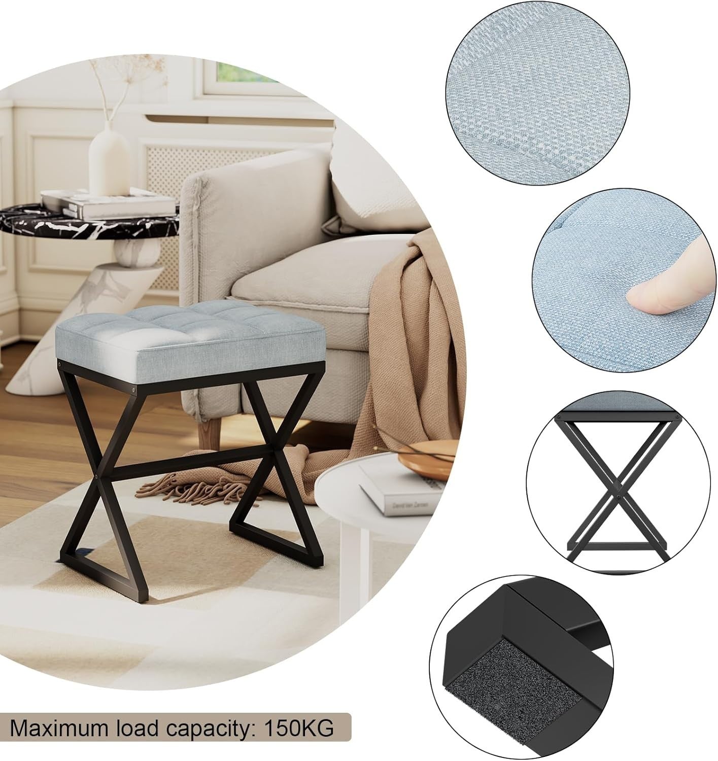 Blue Grey Linen Vanity Stool with X-Shaped Metal Legs Footrest Bench 40x30x46cm