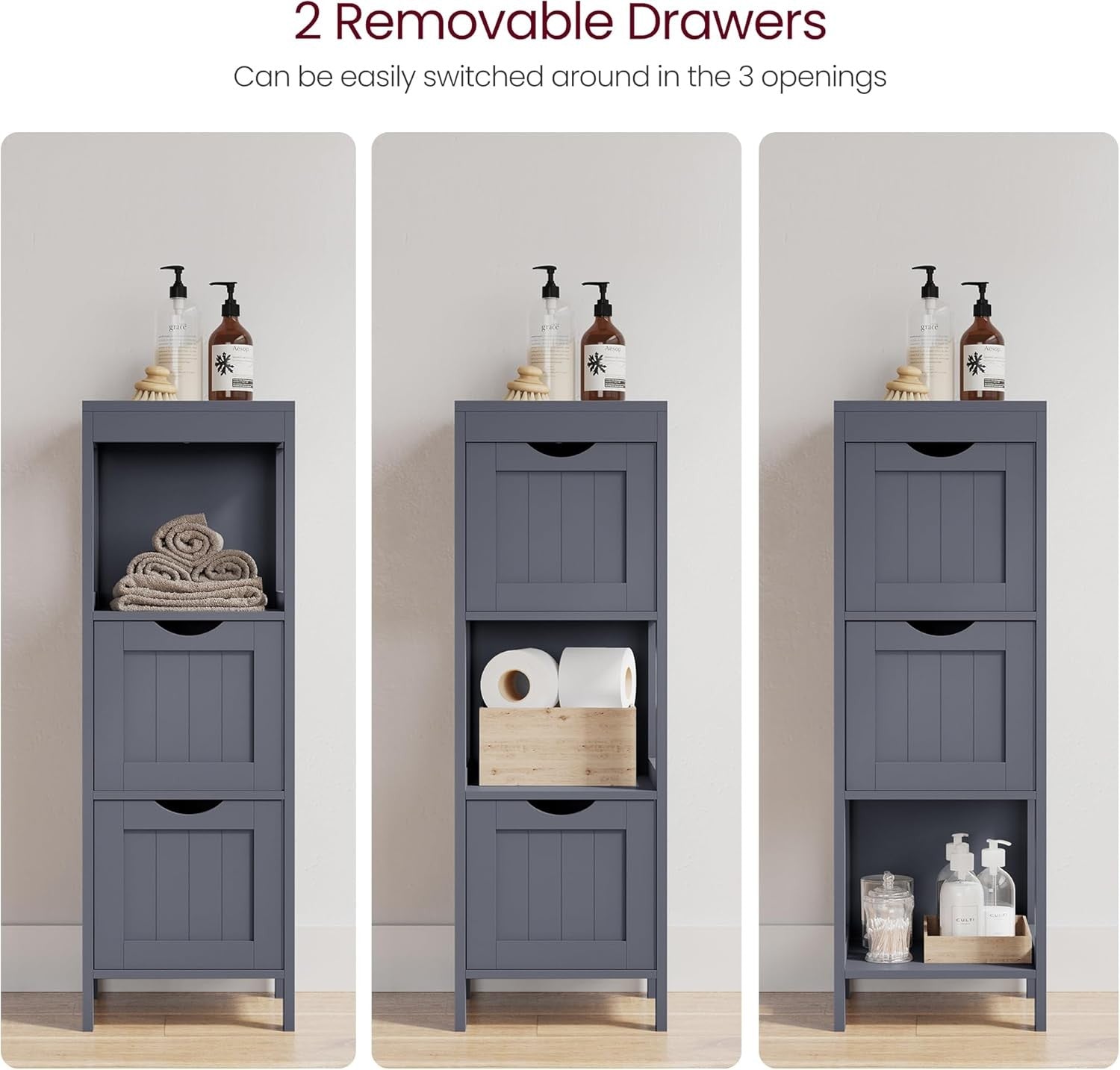 Tall Slate Grey Bathroom Cabinet – 2 Drawers + Open Shelf Modern Storage Unit