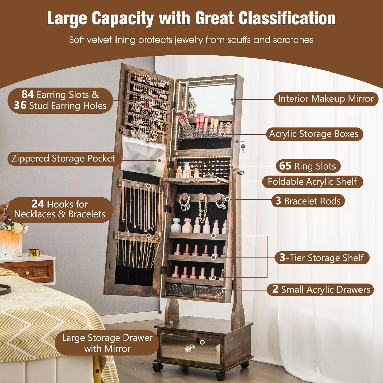 Coffee LED Jewellery Cabinet Lockable Full Length Mirror Mobile