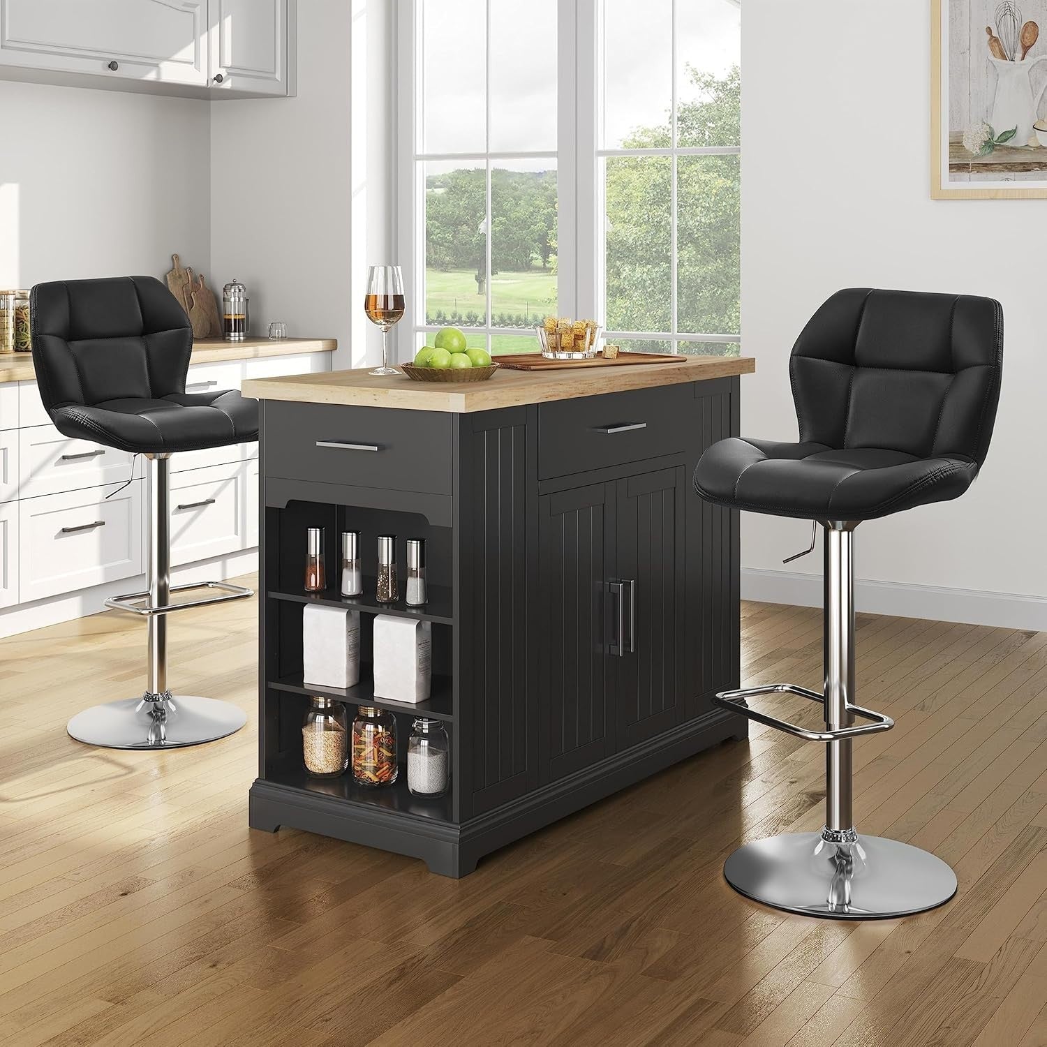 Adjustable Swivel Bar Stools Set of 2 Black PU Counter Chairs