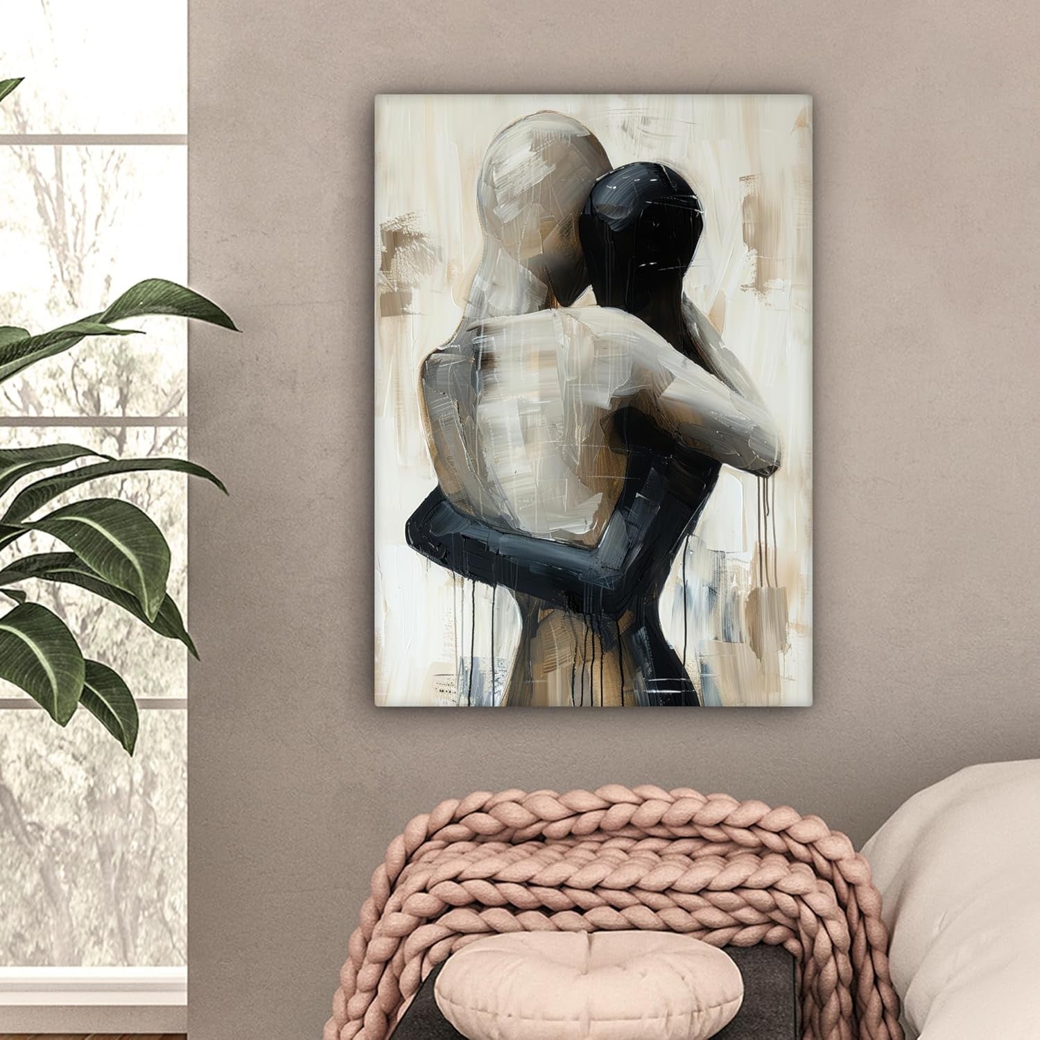 Large Framed Canvas Wall Art 50x70cm Abstract Couple Beige Print