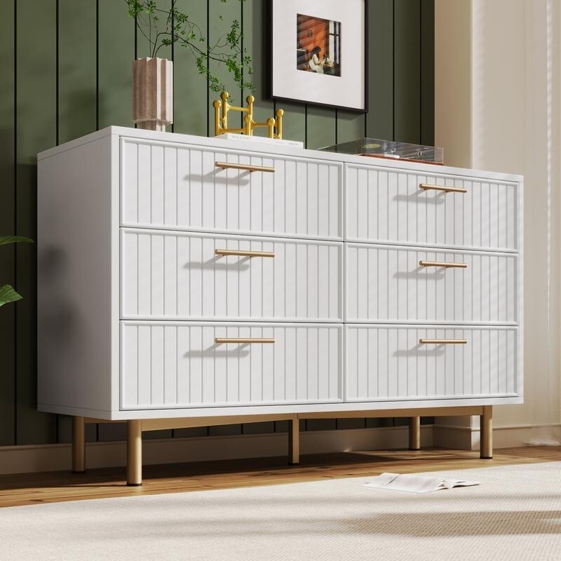 White 6 Drawer Sideboard Chest Gold Handles, Modern Cabinet Storage 120cm