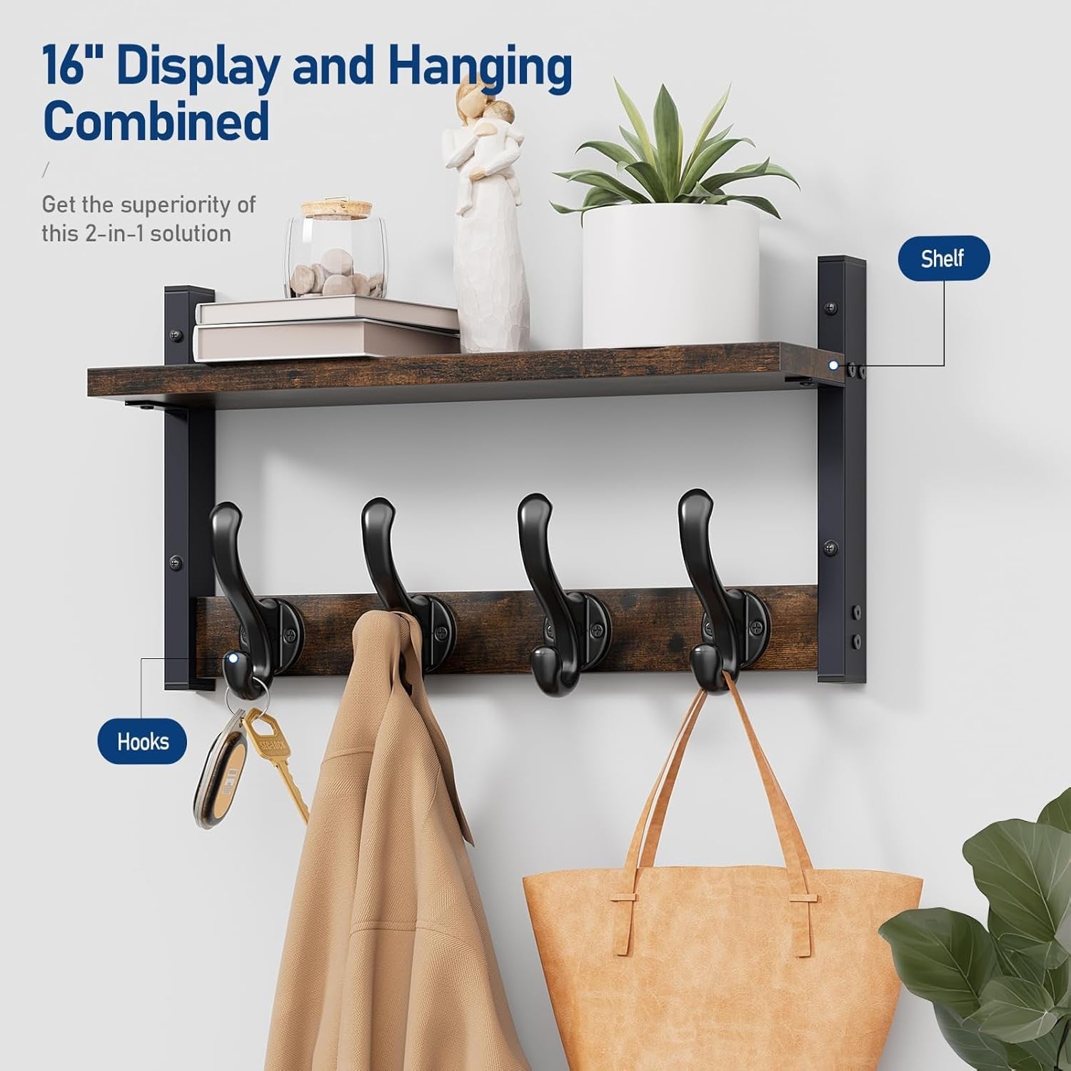 16” Rustic Brown Wall Mounted Coat Rack with Shelf | Heavy Duty Hooks