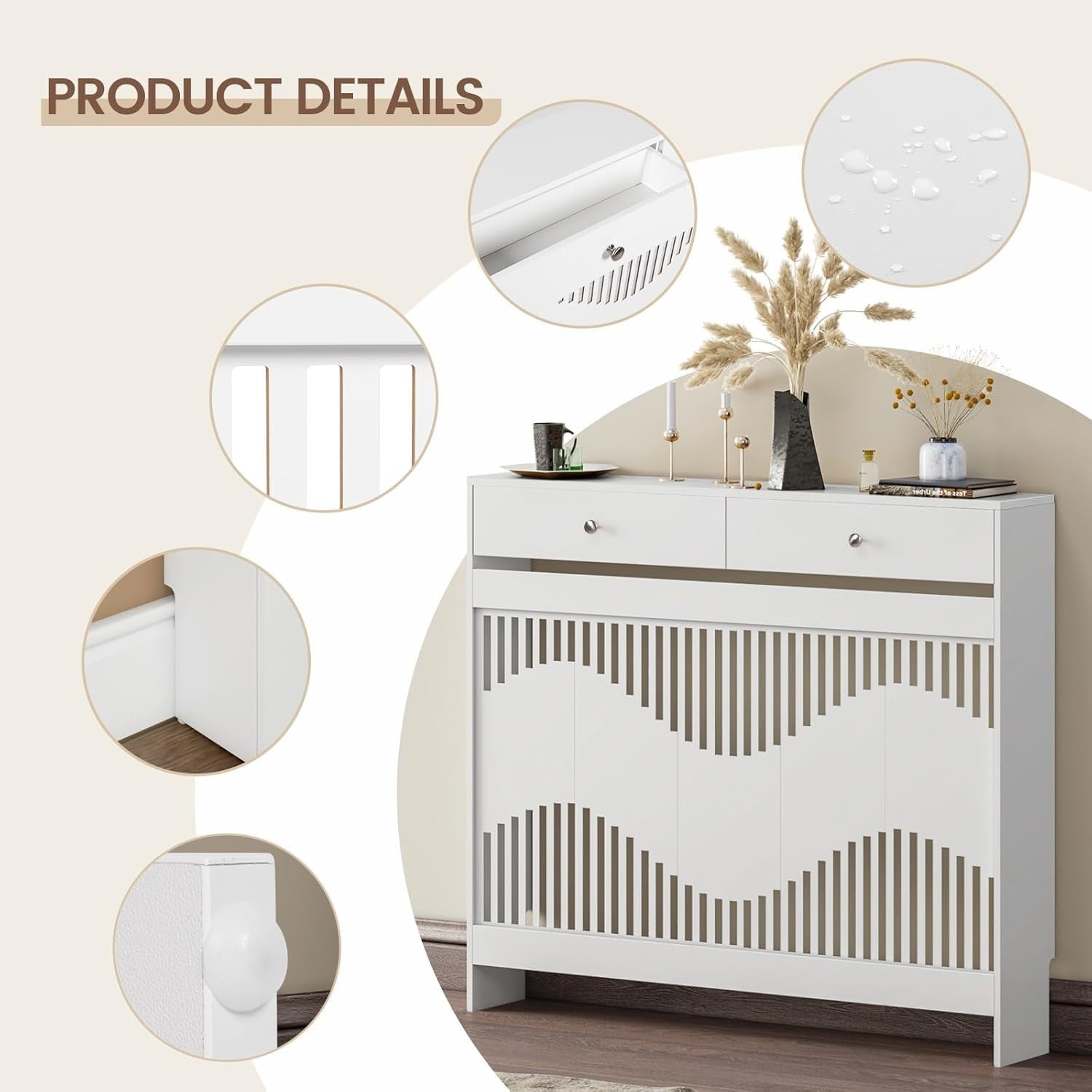 White Radiator Cover Cabinet with Drawers Modern MDF Storage Shelf, Medium