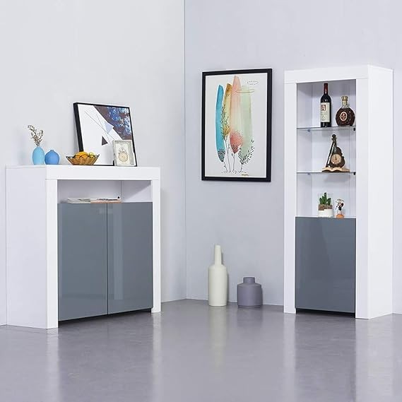 White LED Sideboard Cupboard Unit with Glass Shelves Modern Display Cabinet
