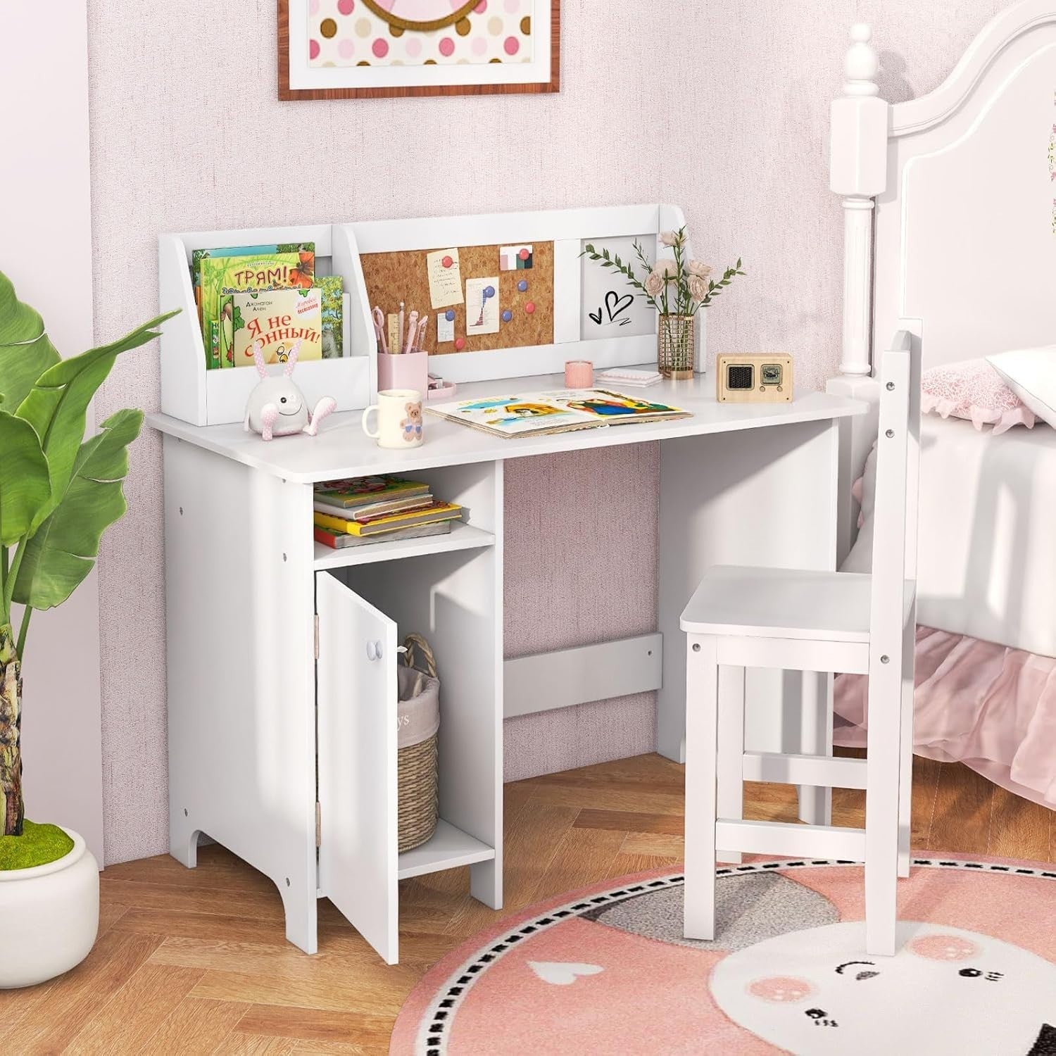 Kids Wooden Study Desk and Chair Set with Storage Whiteboard White