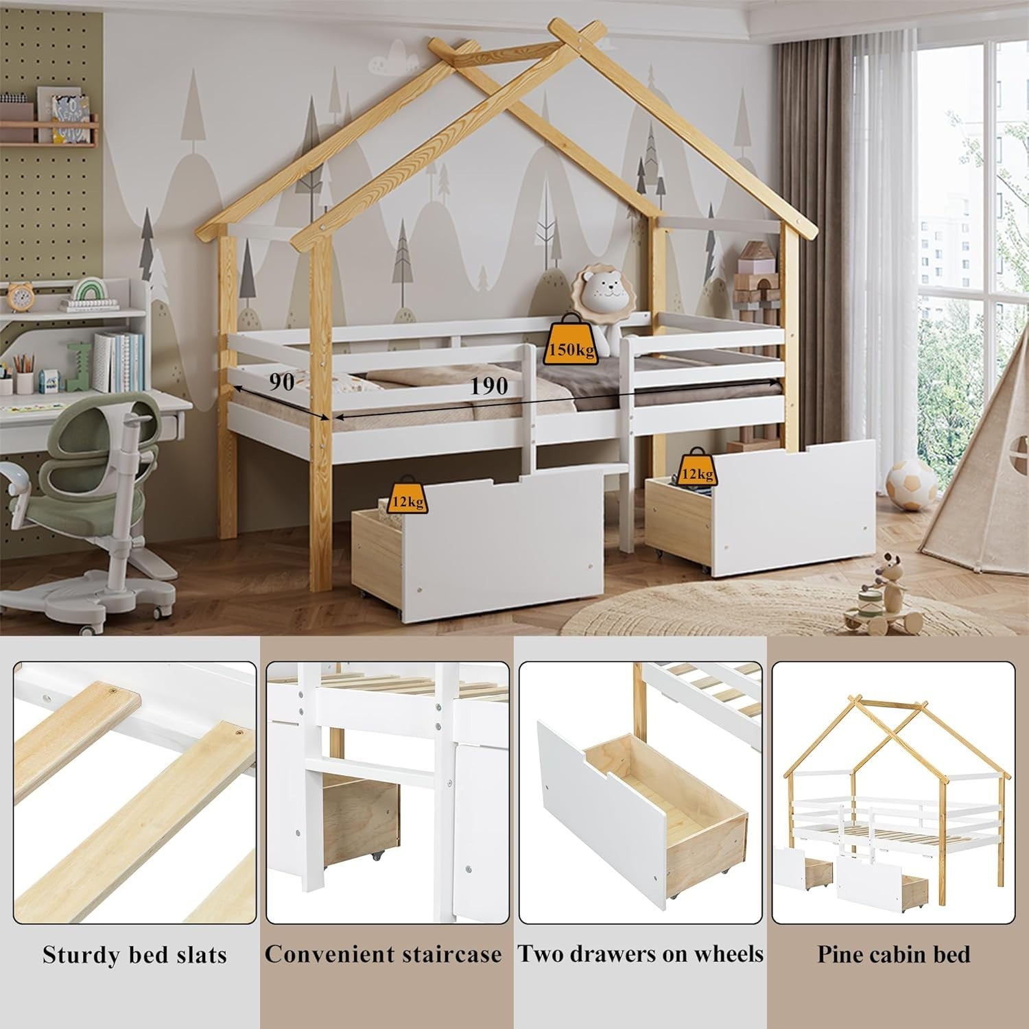 Kids Cabin Bed 3FT with Ladder & 2 Storage Drawers White Natural 90x190cm