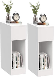 Set of 2 Slim White Bedside Tables with Drawer & Shelf, Narrow Nightstands