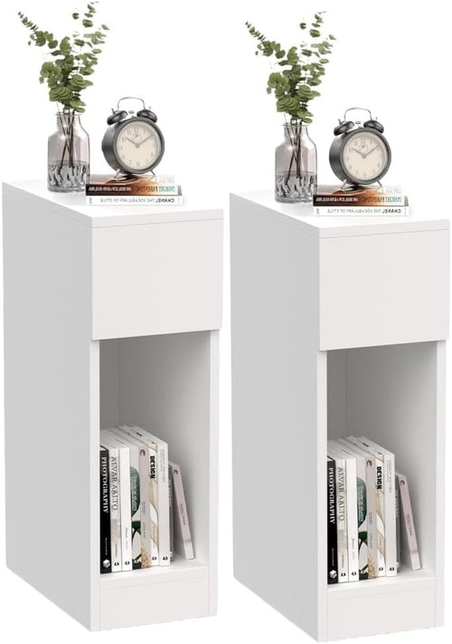 Set of 2 Slim White Bedside Tables with Drawer & Shelf, Narrow Nightstands