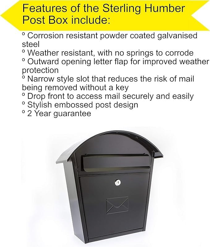Lockable Wall Mounted Mailbox Black Steel Weatherproof Secure Box 36x37x13cm