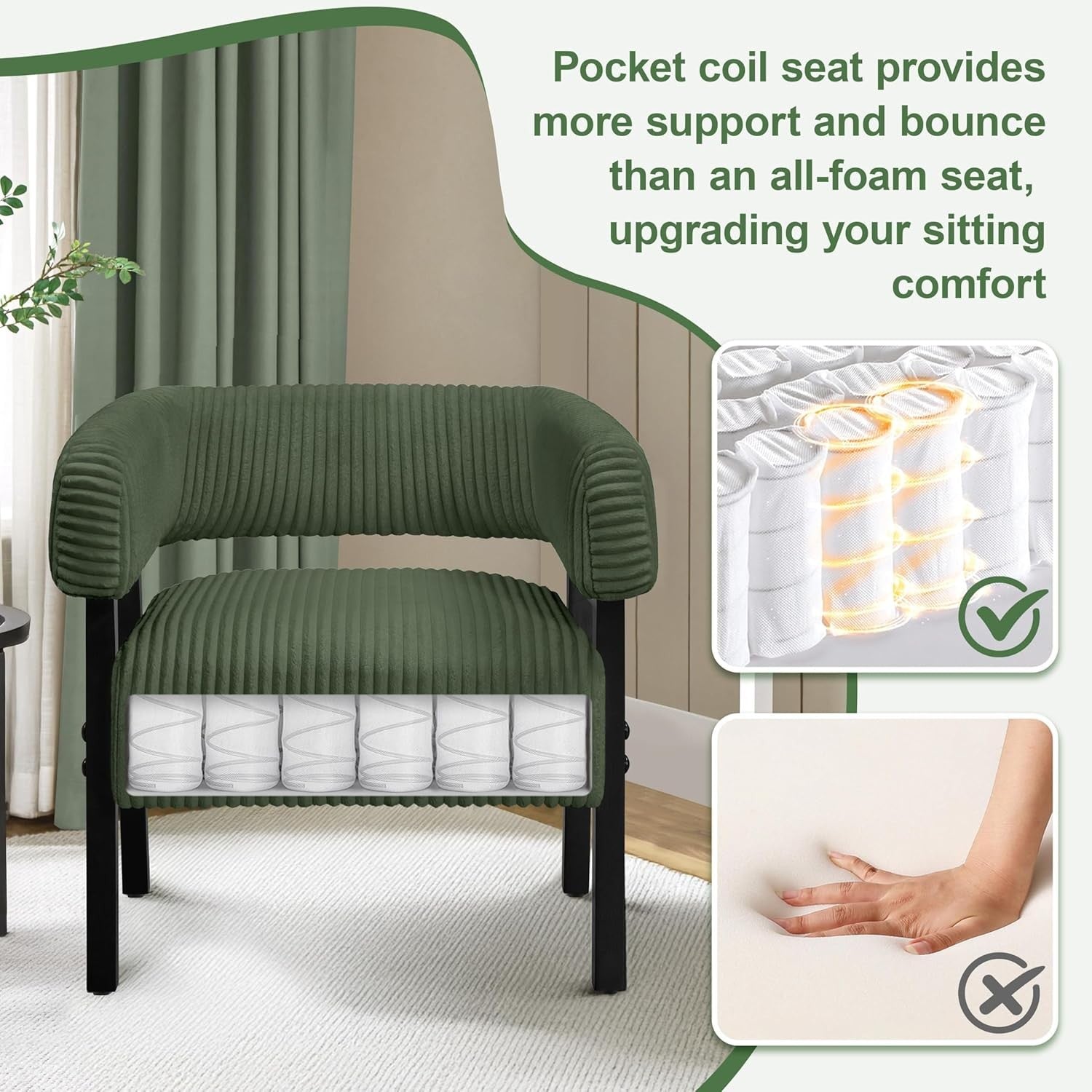 Corduroy Tub Chair Accent Armchair with Pocket Dark Green