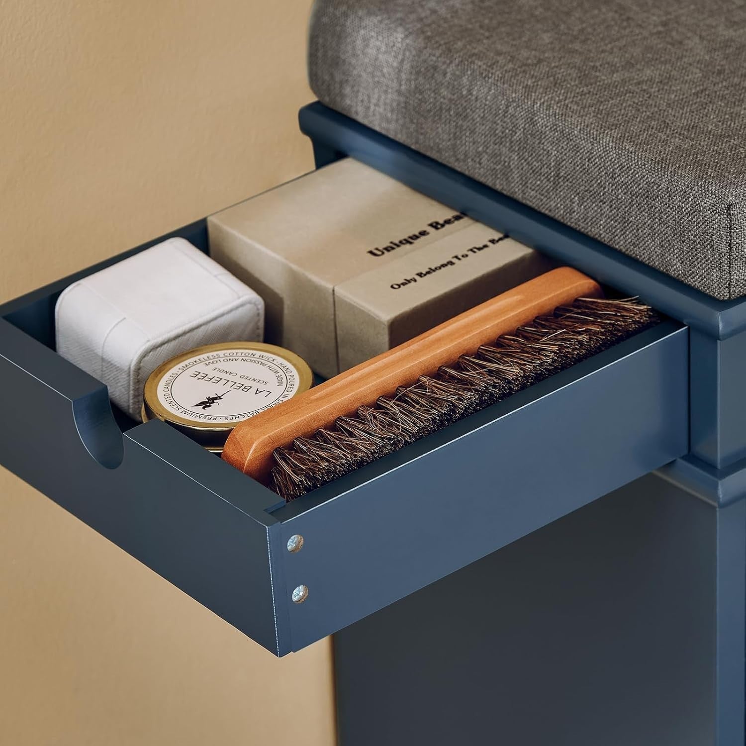 Narrow Shoe Storage Bench with Flip Drawer & Cushion, 150kg Load, Blue