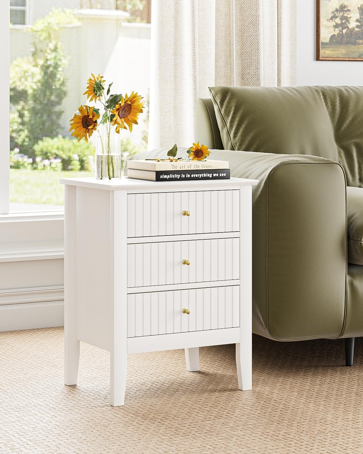 Modern White Bedside Table with 3 Drawers Wooden Nightstand Bedroom Storage