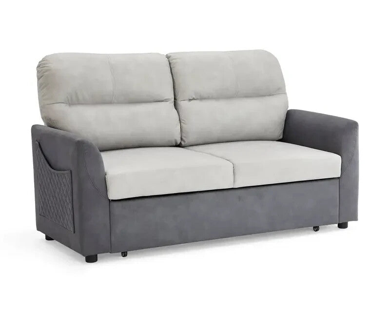 2 Seater Grey Sofa Bed Clic Clac Pull Out with Storage Pockets Fabric Seat