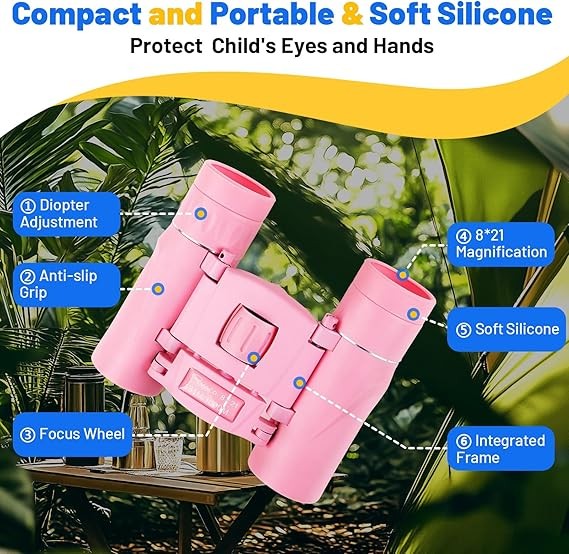 8x21 Kids Pink Binoculars HD Fixed Focus Outdoor Bird Watching Gift Toy
