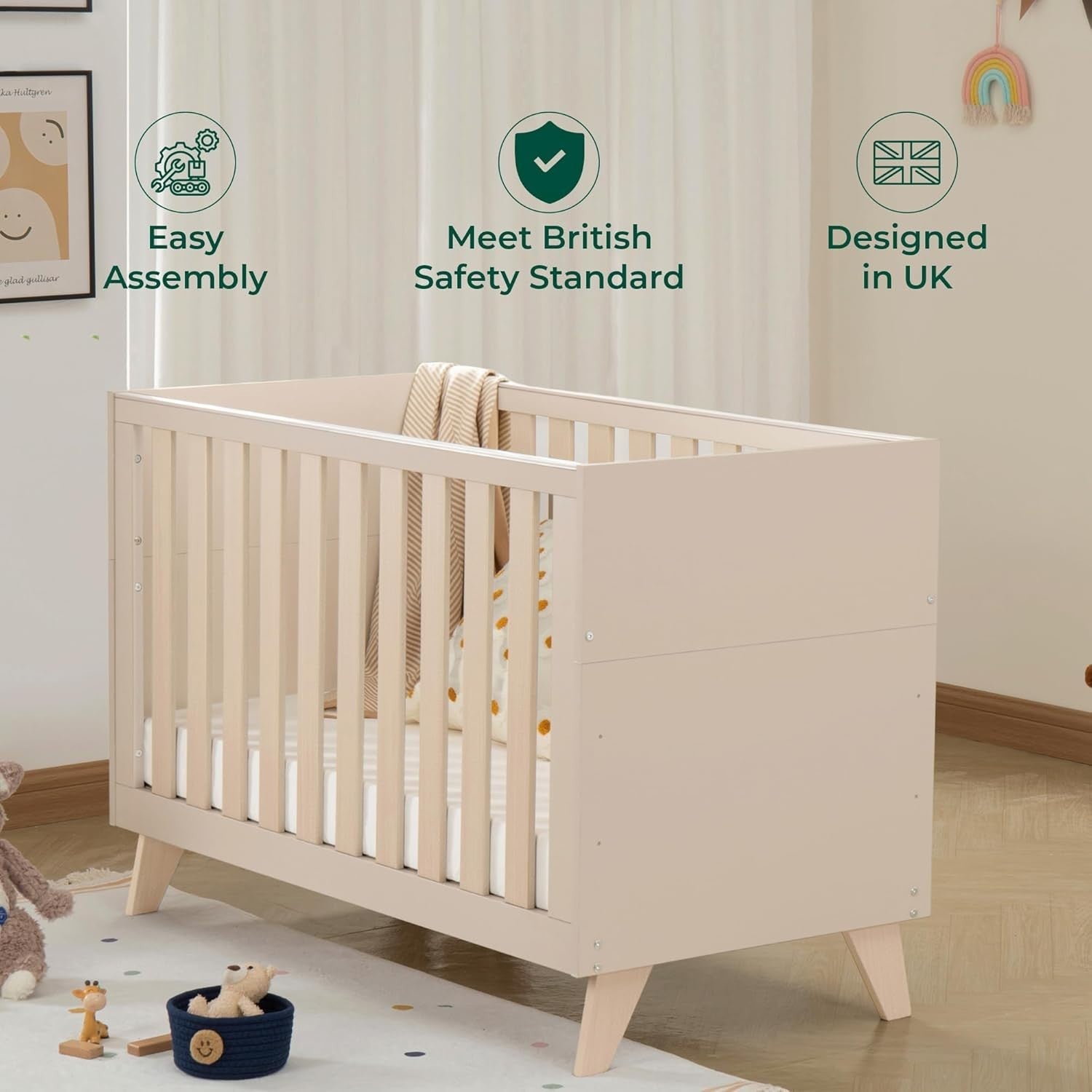 Convertible Mini Toddler Bed Baby Cot Bed Adjustable Height with Teething Rails