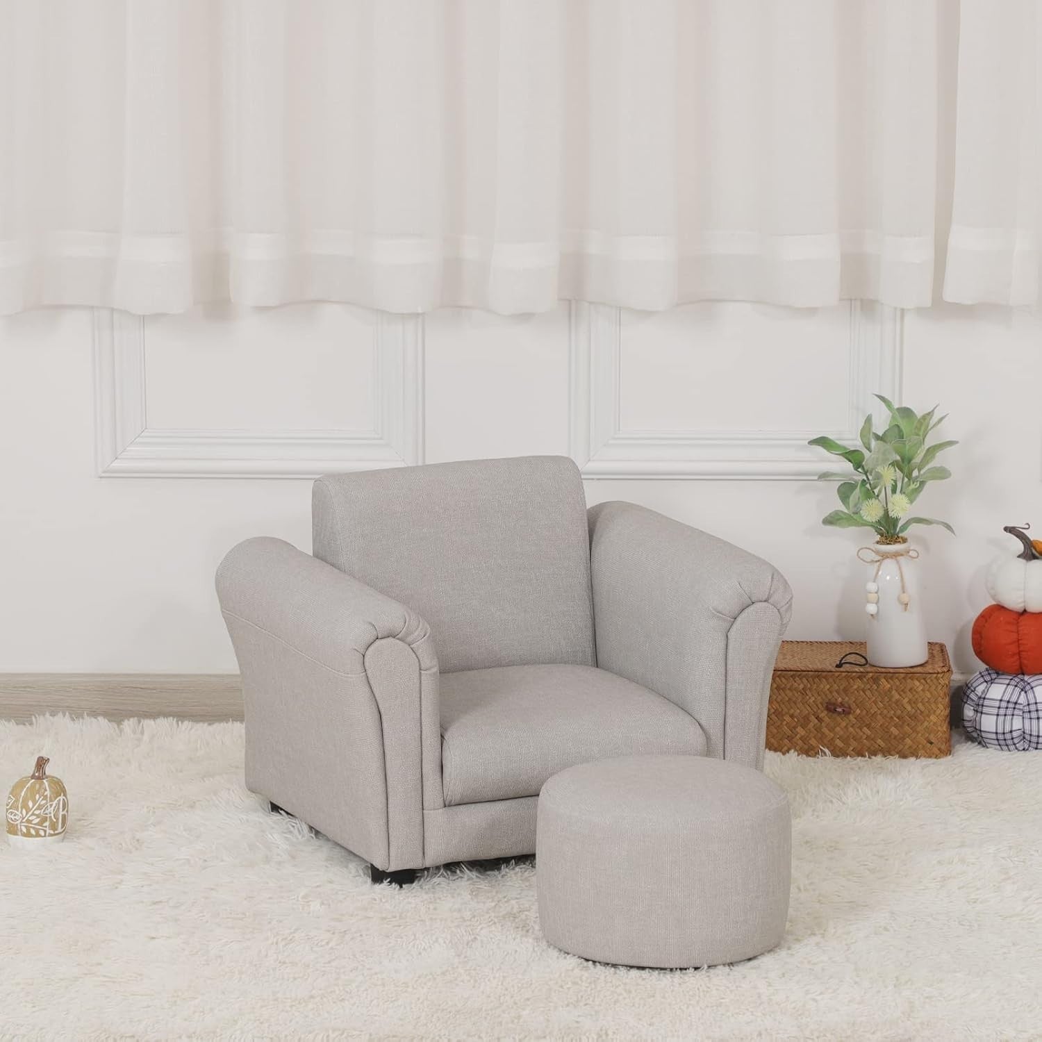 Toddler Armchair with Footstool – Kids Grey PVC Leather Sofa Chair