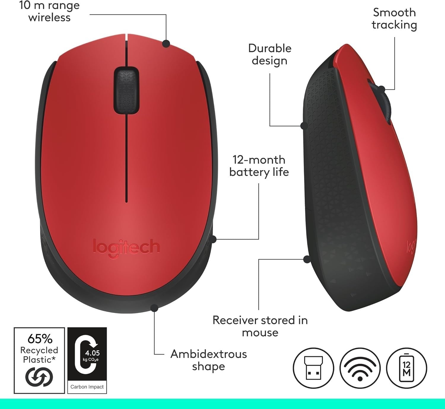 Wireless Mouse 2.4GHz USB Optical Laptop PC 12 Month Battery Red