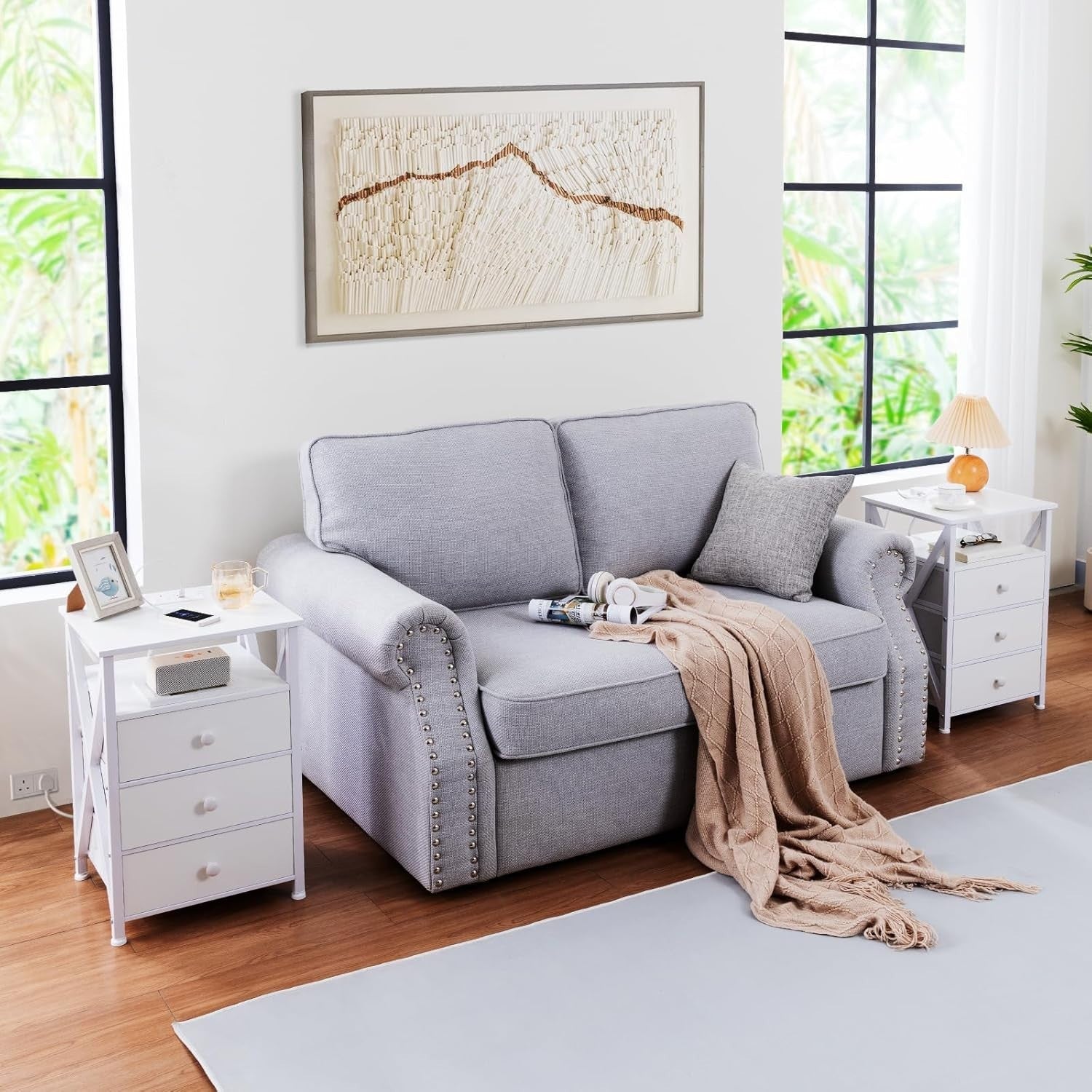 White LED Bedside Table with Charging Station | 3 Drawer Nightstand
