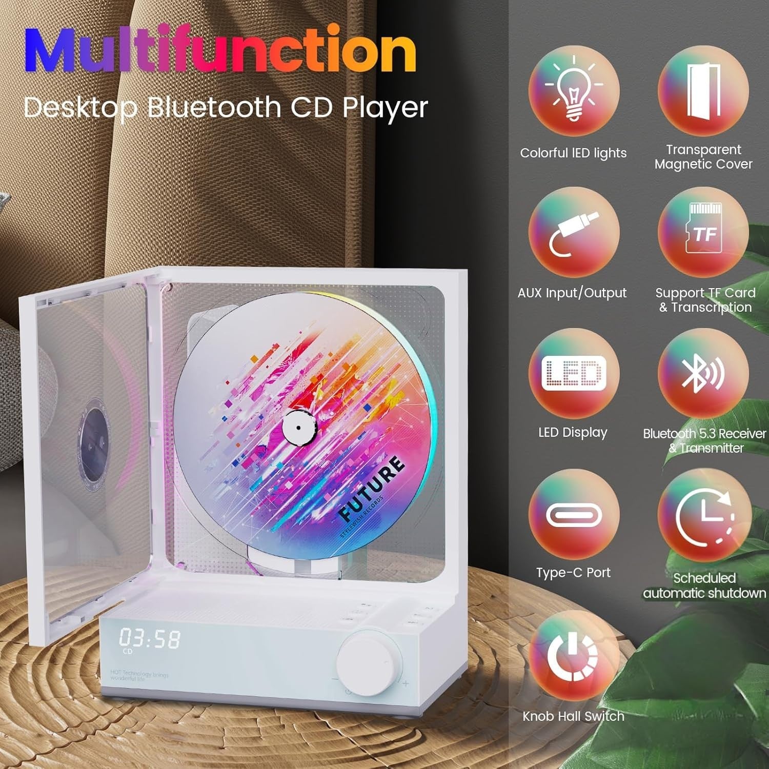 Portable CD Player Bluetooth 5.3 Speakers RGB Lights USB TF Remote