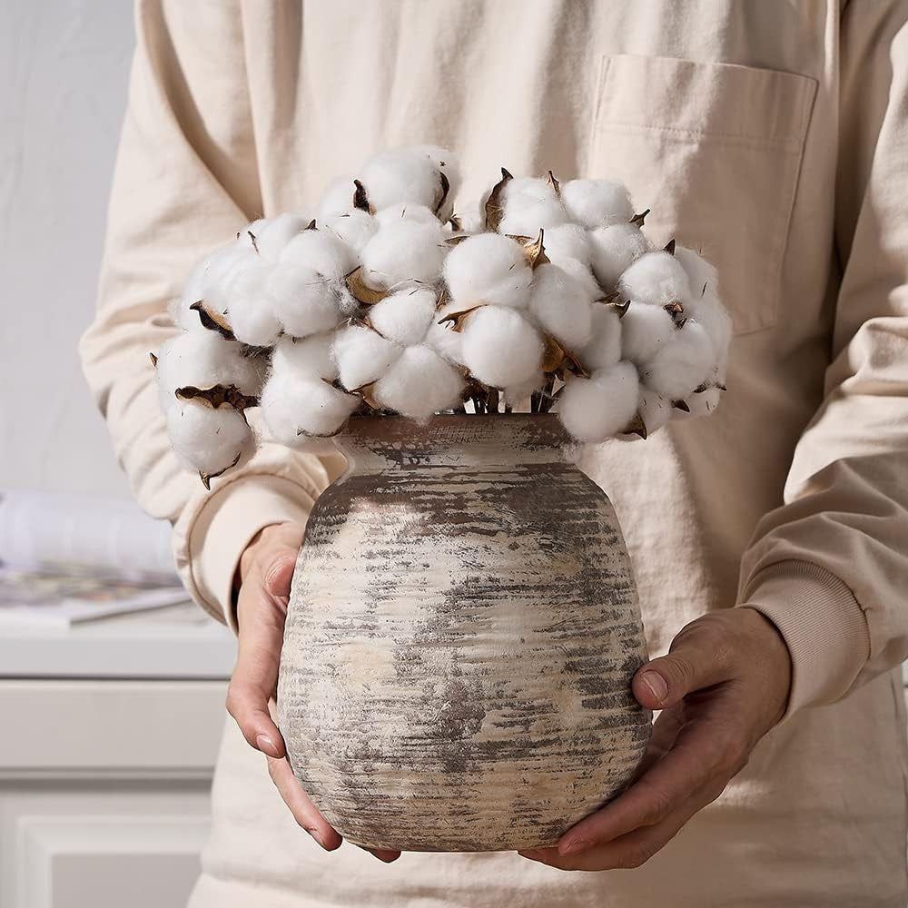 Rustic Terracotta Flower Vase 7.3in Whitewashed Ceramic Farmhouse Décor