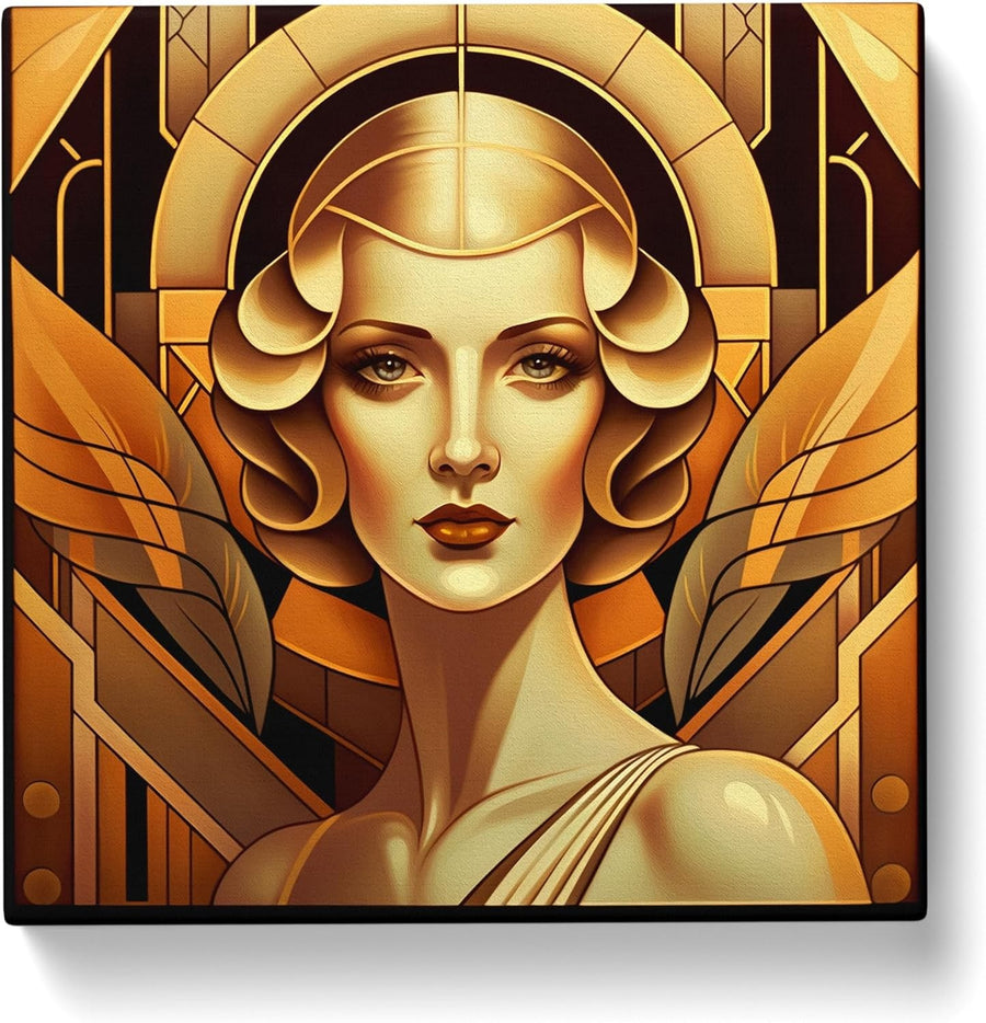 Art Deco Woman Canvas Wall Art 50x50cm Framed Gold