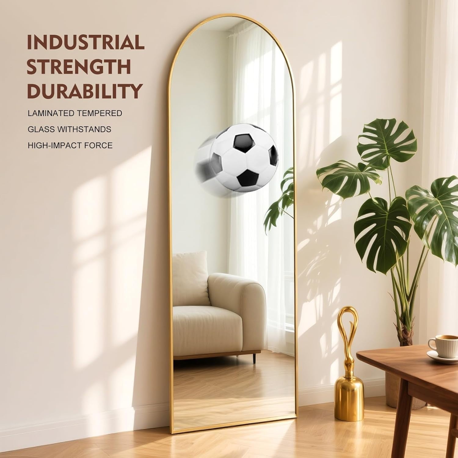 Full Length Arch Mirror 163x53cm Golden Frame Tempered Glass Free Standing
