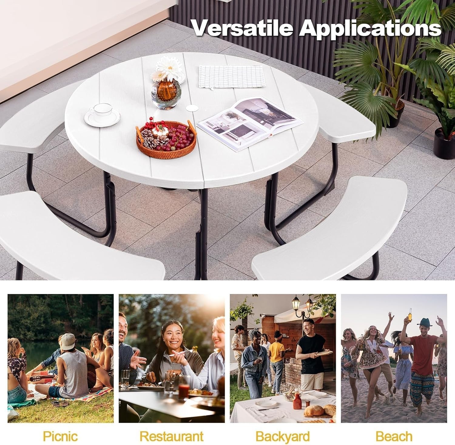8 Seater Round Picnic Table & Bench Outdoor Dining Set with Umbrella Hole