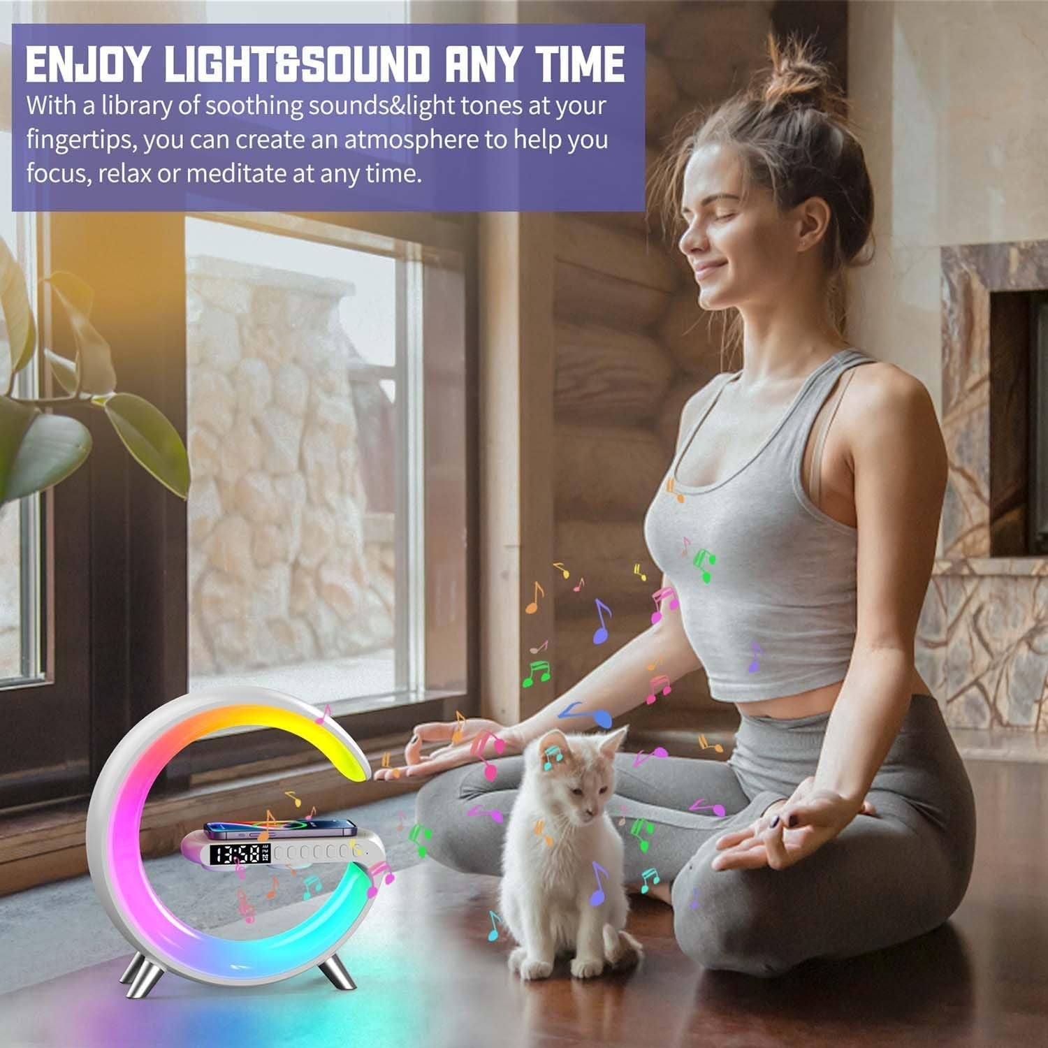 White RGB G-Shape Wireless Charger Lamp 15W Bluetooth Speaker Alarm Clock