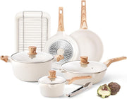 11Pcs Beige Non-Stick Cookware & Baking Set with Lids, Induction Compatible