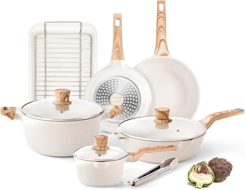 11Pcs Beige Non-Stick Cookware & Baking Set with Lids, Induction Compatible