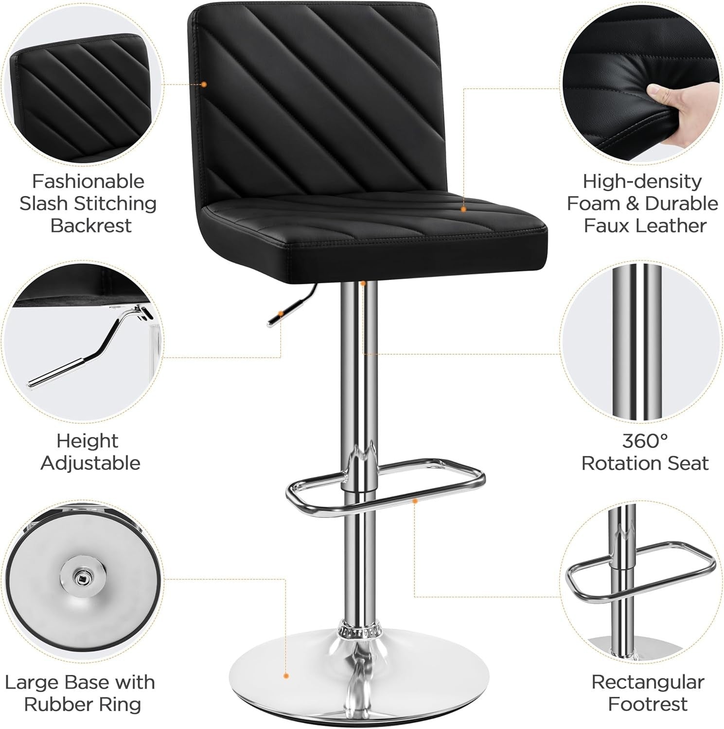 Black Adjustable Swivel Bar Stools Set of 2 Faux Leather Chairs
