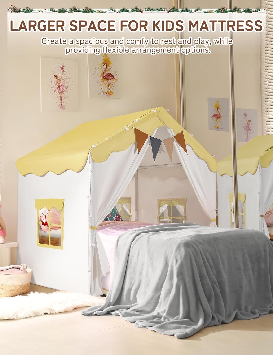 Yellow Kids Castle Tent Bed Canopy with Lights & Mat Indoor Playhouse