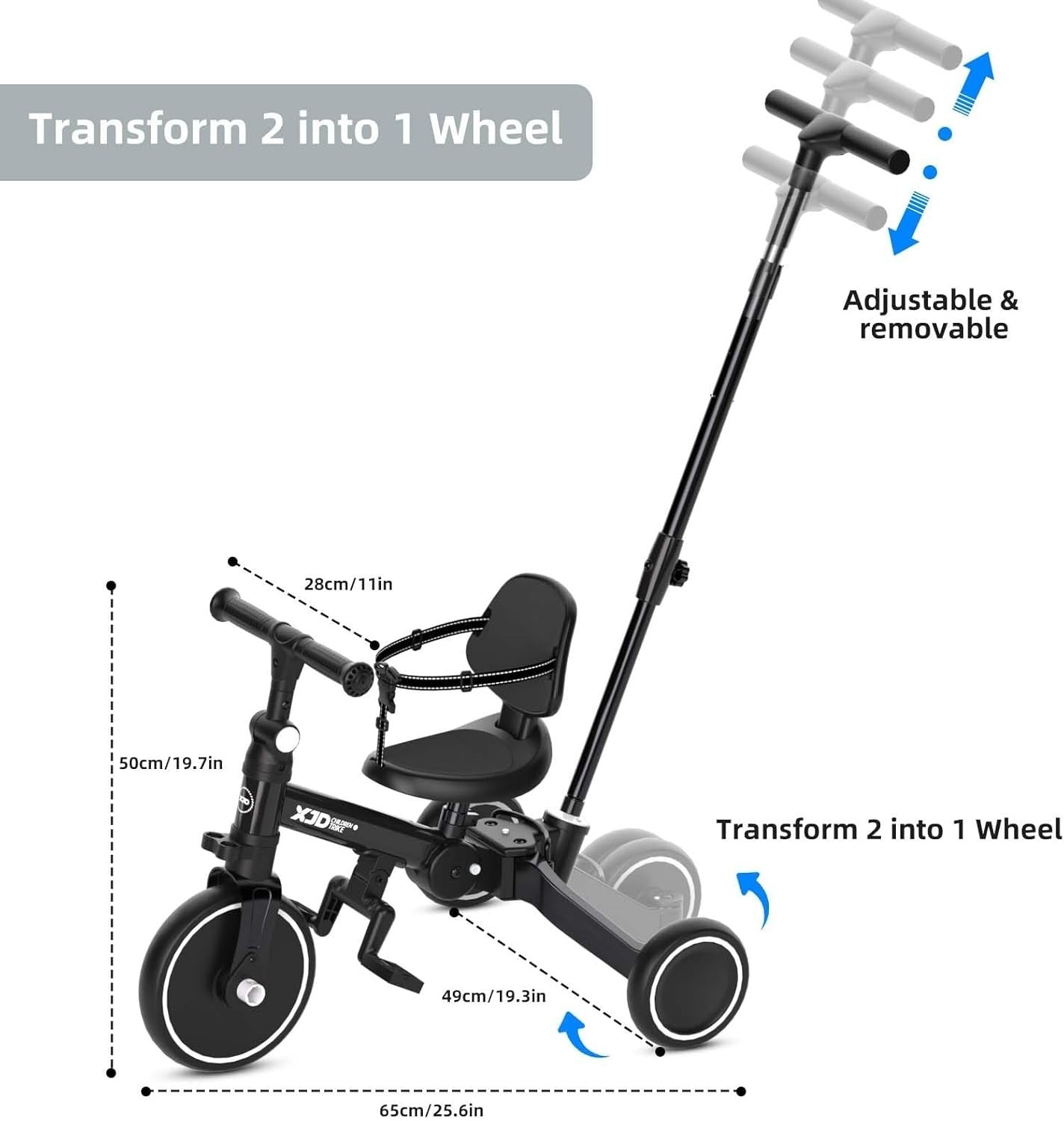 6 in 1 Foldable Toddler Tricycle Push Bike Adjustable Handle Black 1-4Y