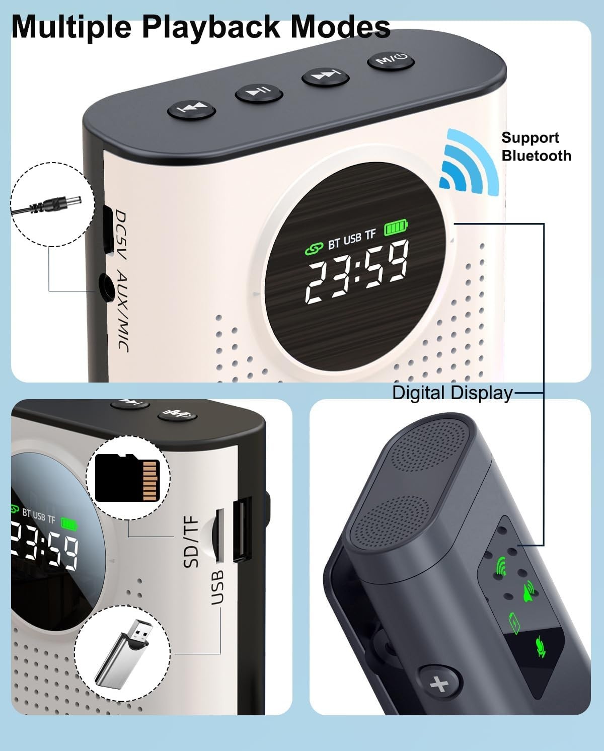Wireless Voice Amplifier with Lavalier Mic Portable Bluetooth TF USB 2.4G