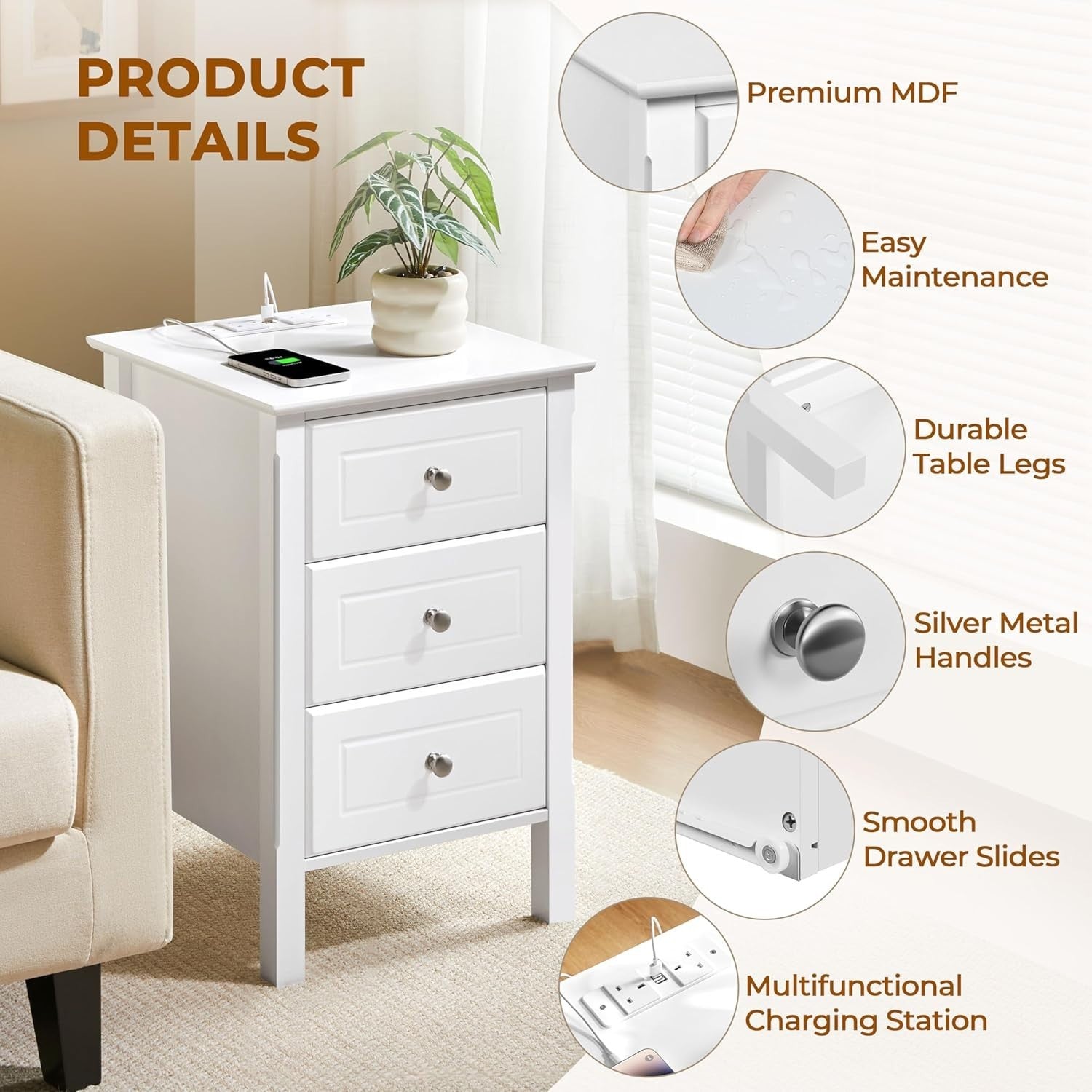 Drawer Bedside Table with Charging Station & USB Ports – White Modern Nightstand