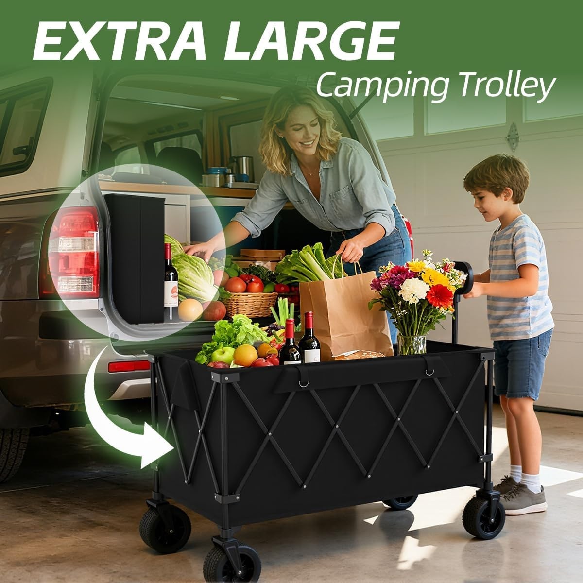 Black 400L Folding Camping Wagon Heavy Duty Festival Trolley 10cm Wide Wheel