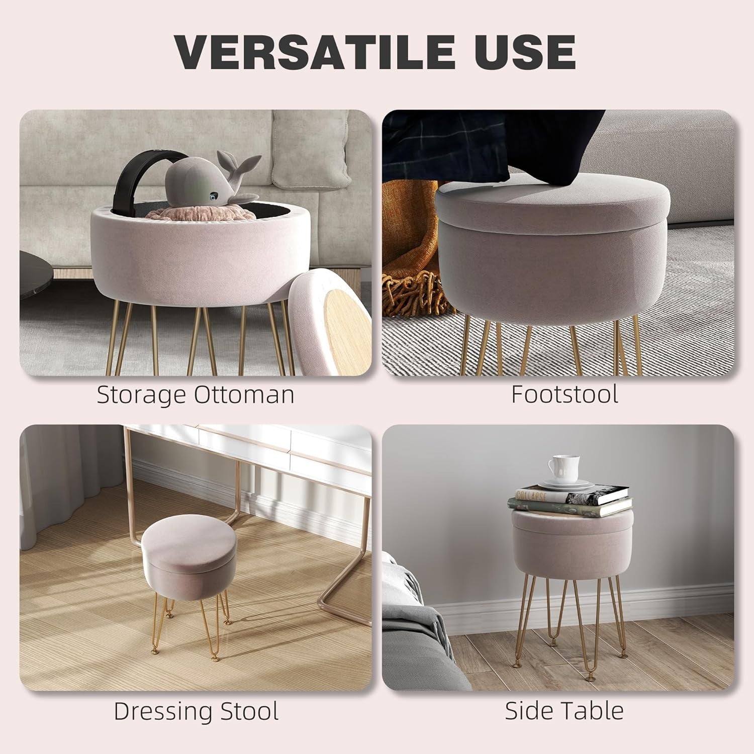 Light Pink Velvet Storage Ottoman Round Footstool Hairpin Leg Stool 33x43cm