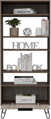 Tall 5 Tier Bookcase Cabinet with Door – Oak Effect Grey Storage Unit Modern