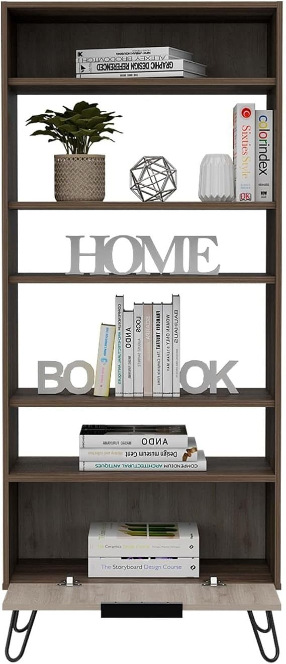 Tall 5 Tier Bookcase Cabinet with Door – Oak Effect Grey Storage Unit Modern