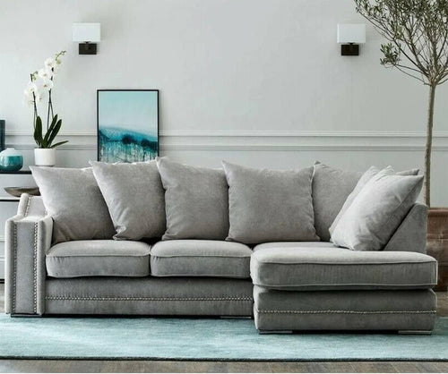 Light Grey Corner Sofa 3-4 Seater Right Hand ✨ Studded Arms, L Shape Comfort