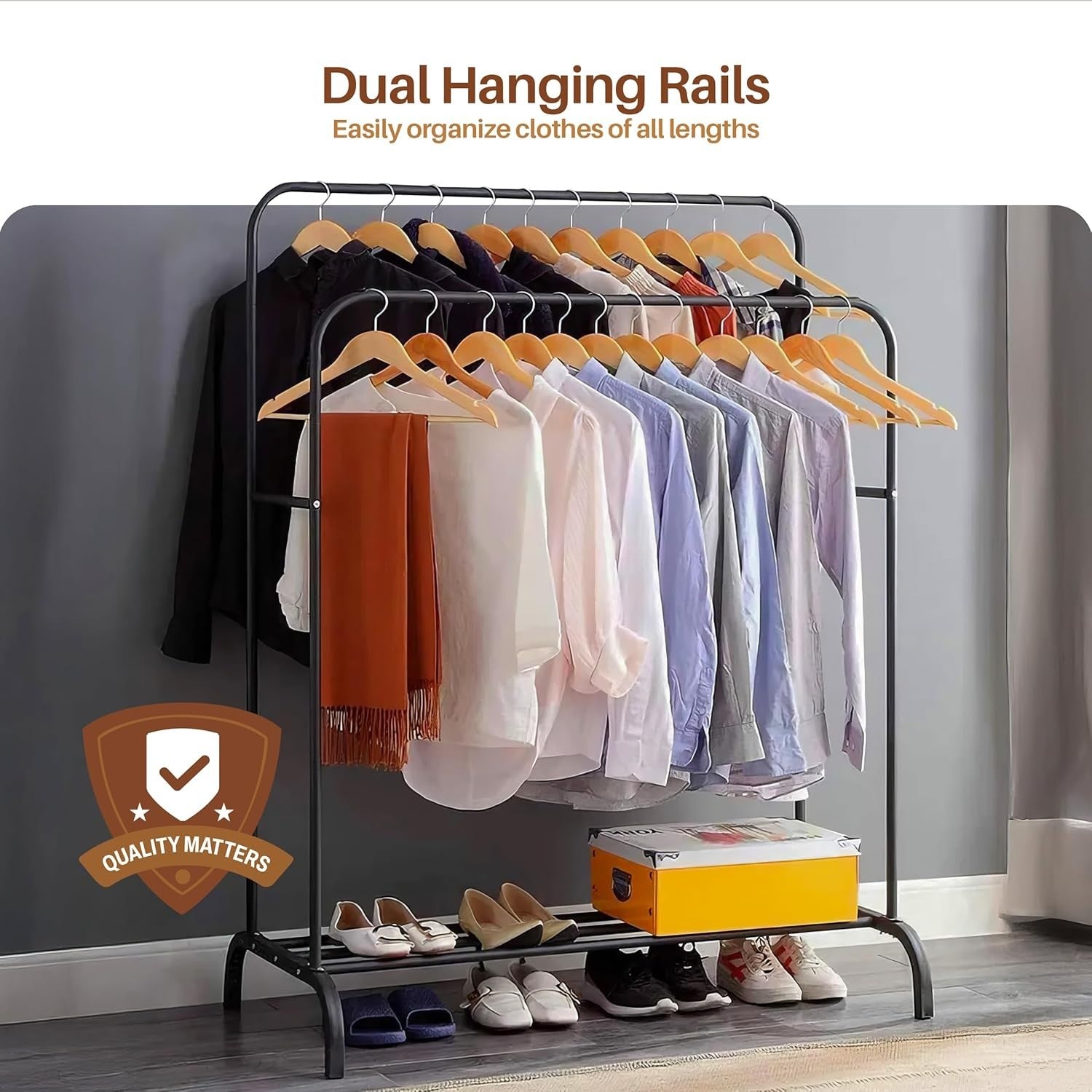 Heavy Duty Double Clothes Rail with Shoe Shelf - Black