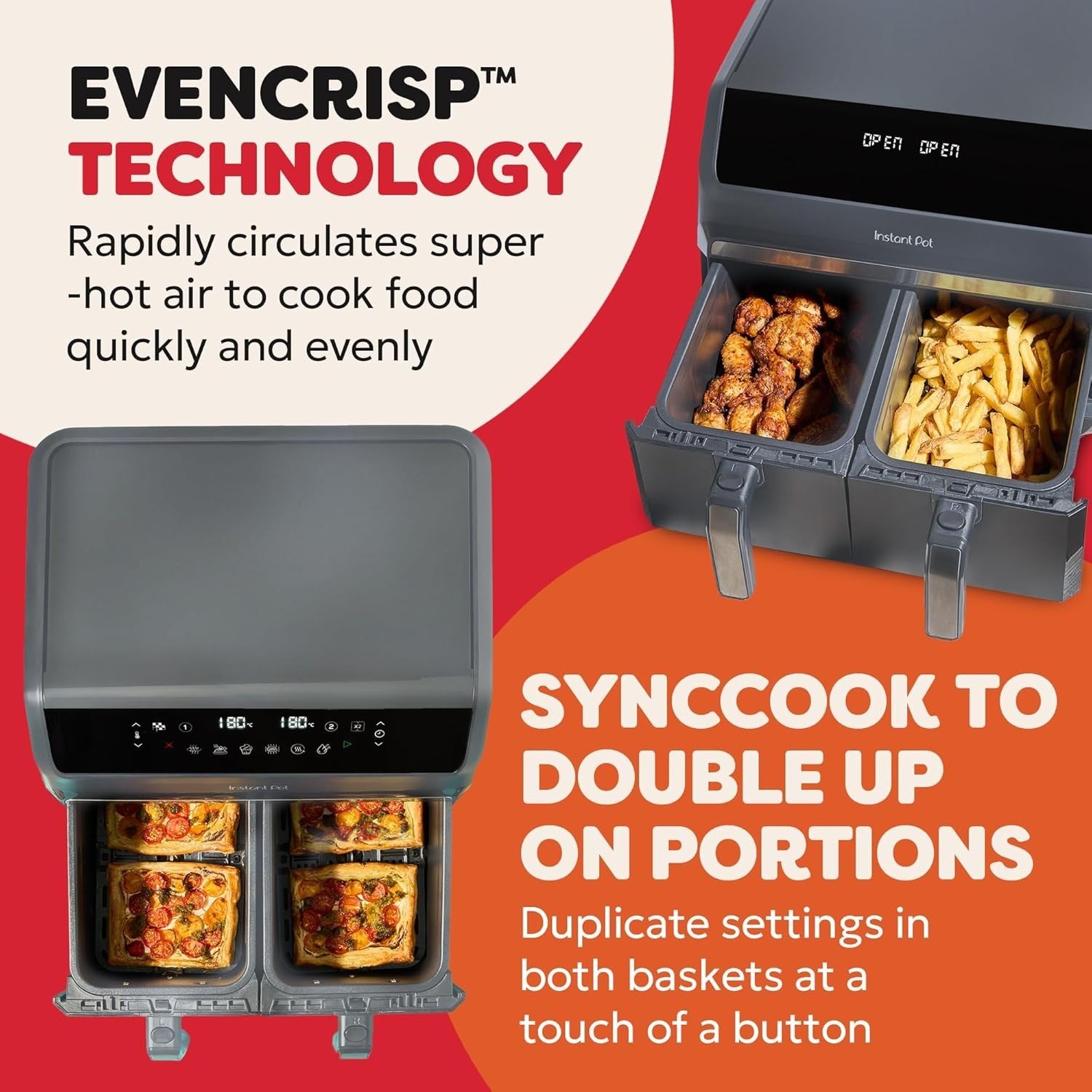 8L Dual Air Fryer Twin 4L Baskets 8-in-1 Digital Grill Bake Roast Reheat Grey
